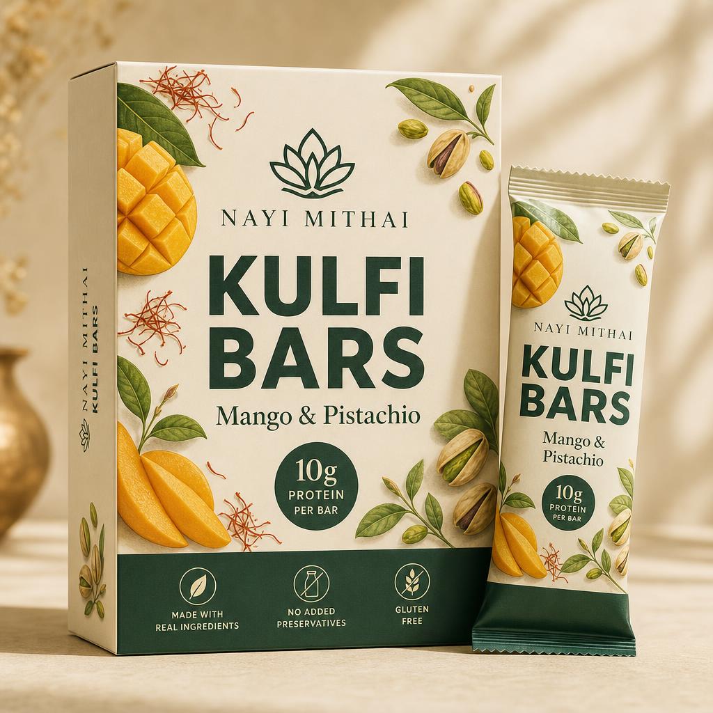 Kulfi Bars concept — Mango, pistachio and cardamom kulfi — plant based, protein-first, straight from the freezer.